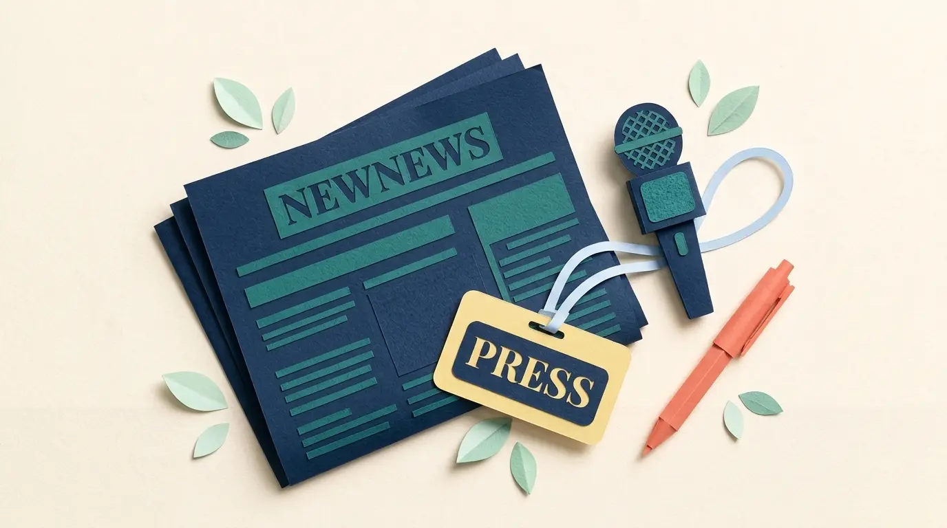 Paper-craft illustration of a newspaper, microphone, press badge, and pen