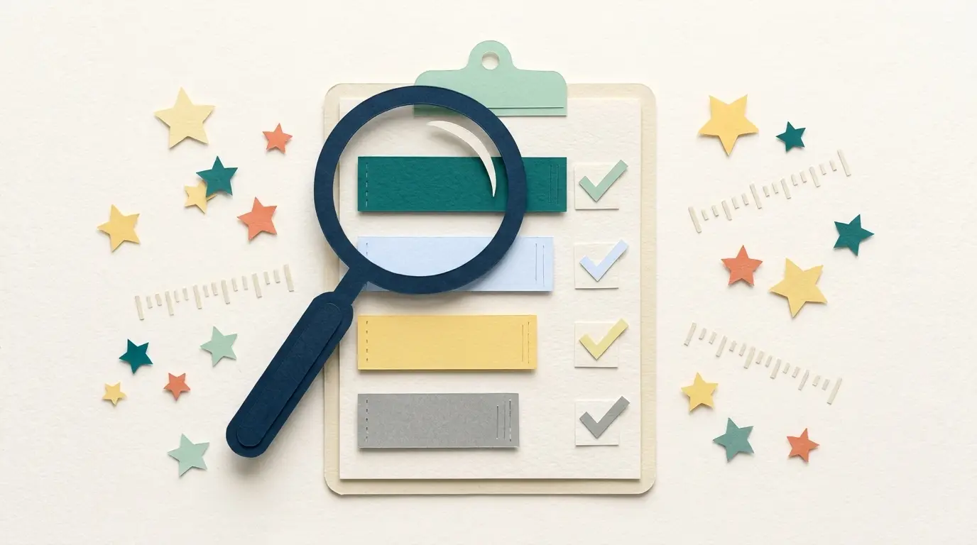 Paper-craft clipboard with four coloured scoring bars, a magnifying glass, and checkmarks