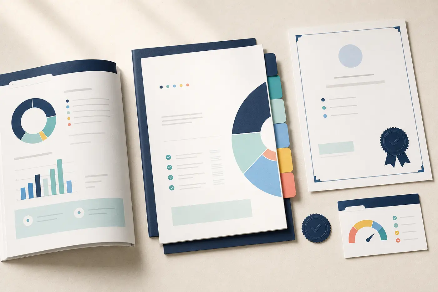 A certification report, scorecard, and recognition mark arranged as a professional toolkit