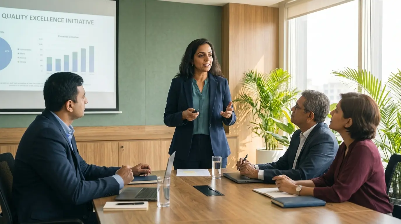 A business leader presenting a quality excellence initiative to engaged colleagues in a modern office